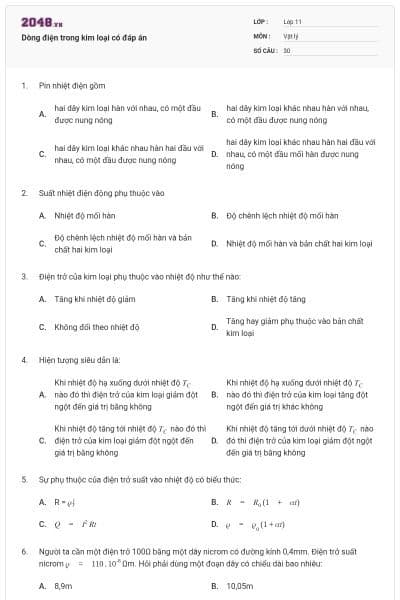 Dòng điện trong kim loại có đáp án