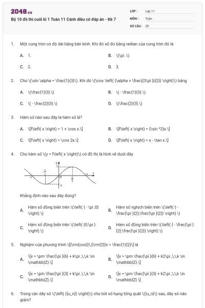 Bộ 10 đề thi cuối kì 1 Toán 11 Cánh diều có đáp án - Đề 7