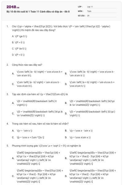 Bộ 10 đề thi cuối kì 1 Toán 11 Cánh diều có đáp án - Đề 8