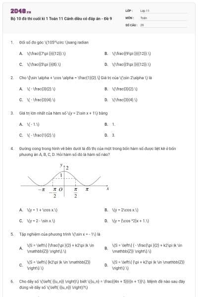 Bộ 10 đề thi cuối kì 1 Toán 11 Cánh diều có đáp án - Đề 9