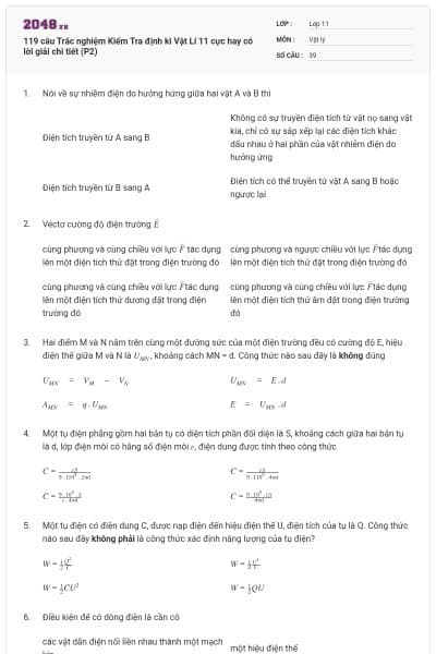 119 câu Trắc nghiệm Kiểm Tra định kì Vật Lí 11 cực hay có lời giải chi tiết (P2)