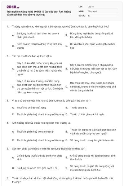 Trắc nghiệm Công nghệ 10 Bài 19 (có đáp án): Ảnh hưởng của thuốc hóa học bảo vệ thực vật
