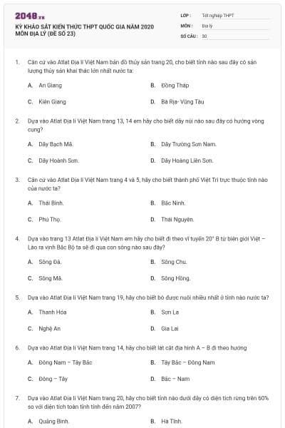 KỲ KHẢO SÁT KIẾN THỨC THPT QUỐC GIA NĂM 2020 MÔN ĐỊA LÝ (ĐỀ SỐ 23)