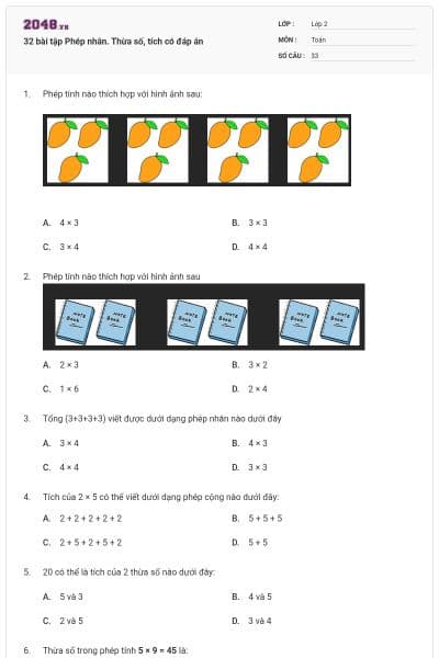 32 bài tập Phép nhân. Thừa số, tích có đáp án