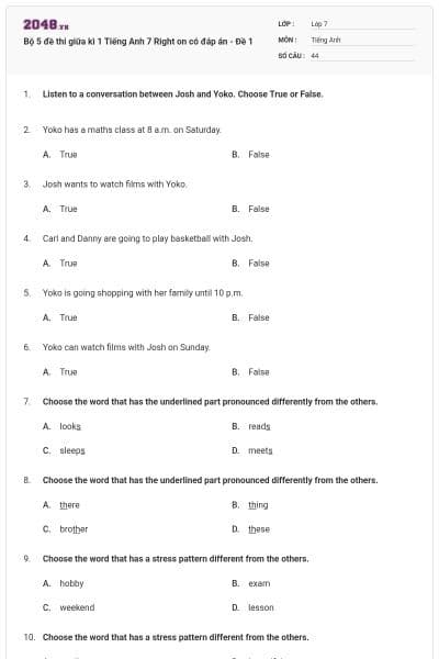 Bộ 5 đề thi giữa kì 1 Tiếng Anh 7 Right on có đáp án - Đề 1