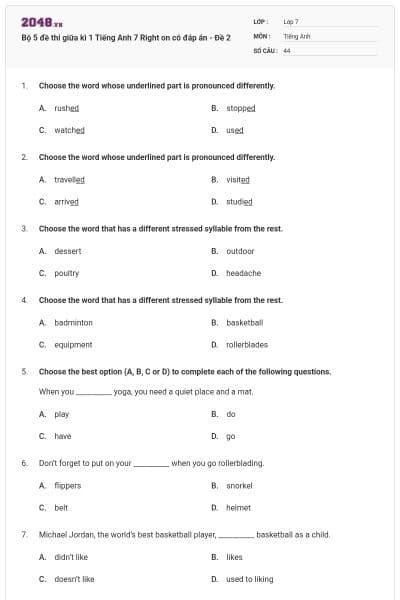 Bộ 5 đề thi giữa kì 1 Tiếng Anh 7 Right on có đáp án - Đề 2