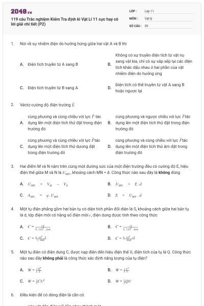 119 câu Trắc nghiệm Kiểm Tra định kì Vật Lí 11 cực hay có lời giải chi tiết (P2)
