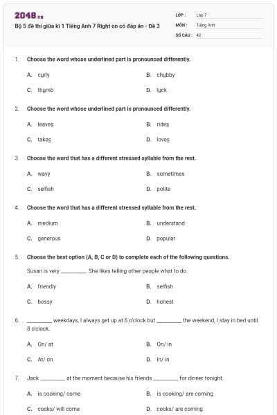 Bộ 5 đề thi giữa kì 1 Tiếng Anh 7 Right on có đáp án - Đề 3