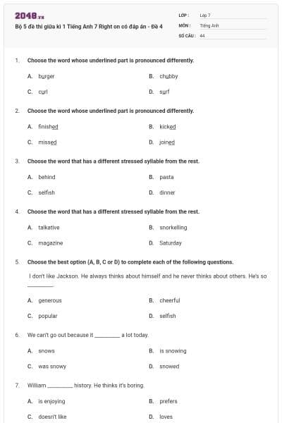 Bộ 5 đề thi giữa kì 1 Tiếng Anh 7 Right on có đáp án - Đề 4