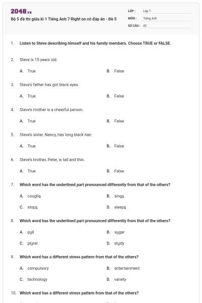 Bộ 5 đề thi giữa kì 1 Tiếng Anh 7 Right on có đáp án - Đề 5