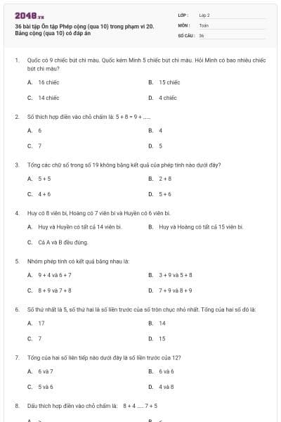 36 bài tập Ôn tập Phép cộng (qua 10) trong phạm vi 20. Bảng cộng (qua 10) có đáp án