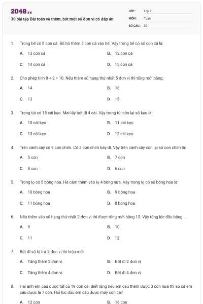 30 bài tập Bài toán về thêm, bớt một số đơn vị có đáp án