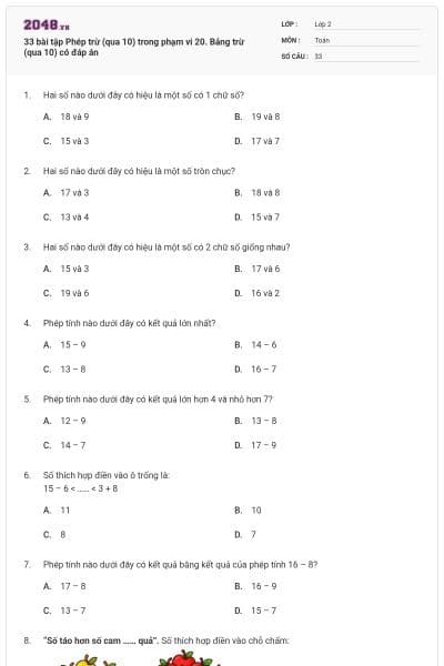33 bài tập Phép trừ (qua 10) trong phạm vi 20. Bảng trừ (qua 10) có đáp án
