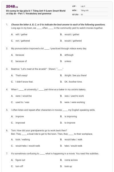 Đề cương ôn tập giữa kì 1 Tiếng Anh 9 iLearn Smart World có đáp án - Part 1: Vocabulary and grammar