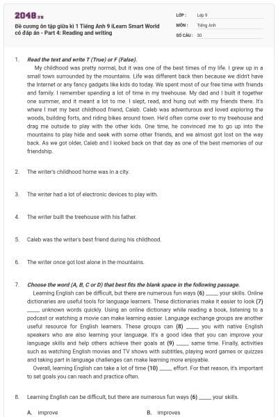 Đề cương ôn tập giữa kì 1 Tiếng Anh 9 iLearn Smart World có đáp án - Part 4: Reading and writing