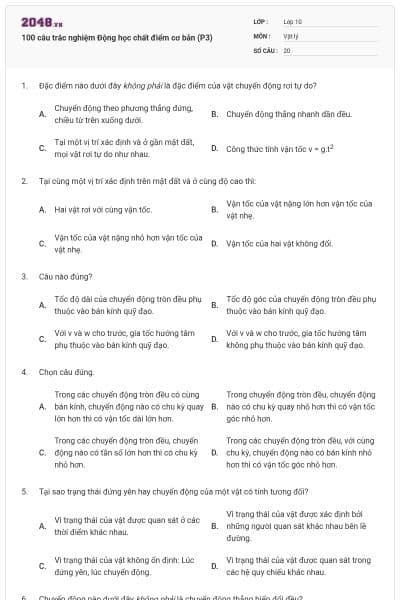 100 câu trắc nghiệm Động học chất điểm cơ bản (P3)
