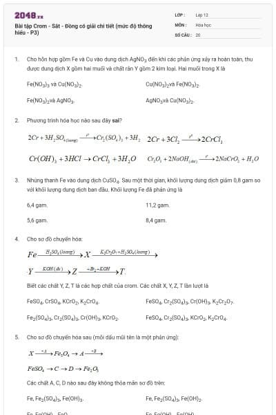 Bài tập Crom - Sắt - Đồng có giải chi tiết (mức độ thông hiểu - P3)