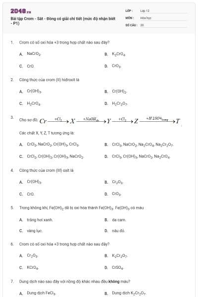 Bài tập Crom - Sắt - Đồng có giải chi tiết (mức độ nhận biết - P1)