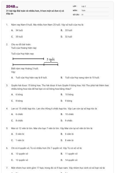 31 bài tập Bài toán về nhiều hơn, ít hơn một số đơn vị có đáp án