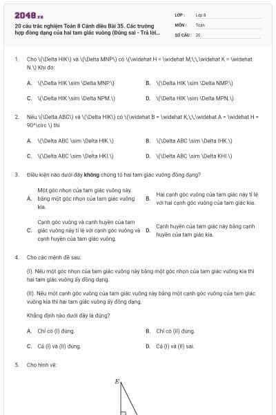 20 câu trắc nghiệm Toán 8 Cánh diều Bài 35. Các trường hợp đồng dạng của hai tam giác vuông (Đúng sai - Trả lời ngắn) có đáp án