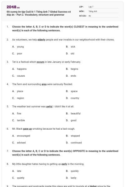 Đề cương ôn tập Cuối kì 1 Tiếng Anh 7 Global Success có đáp án - Part 2. Vocabulary, structure and grammar