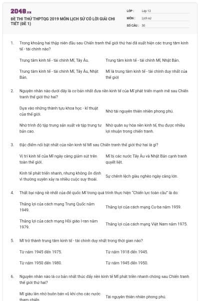 ĐỀ THI THỬ THPTQG 2019 MÔN LỊCH SỬ CÓ LỜI GIẢI CHI TIẾT (ĐỀ 1)