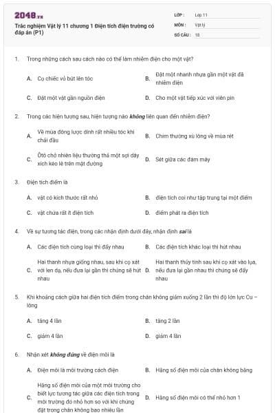 Trắc nghiệm Vật lý 11 chương 1 Điện tích điện trường có đáp án (P1)