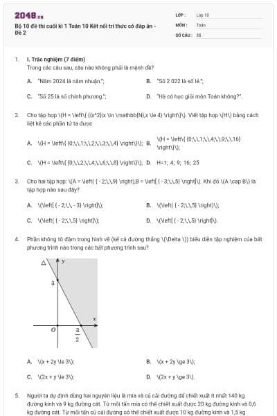 Bộ 10 đề thi cuối kì 1 Toán 10 Kết nối tri thức có đáp án - Đề 2