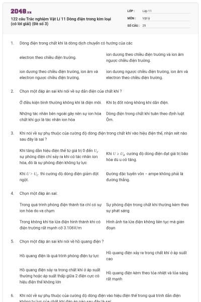 122 câu  Trắc nghiệm Vật Lí 11 Dòng điện trong kim loại (có lời giải) (Đề số 3)