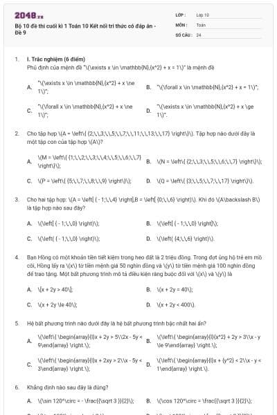 Bộ 10 đề thi cuối kì 1 Toán 10 Kết nối tri thức có đáp án - Đề 9