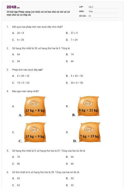 34 bài tập Phép cộng (có nhớ) số có hai chữ số với số có một chữ số có đáp án