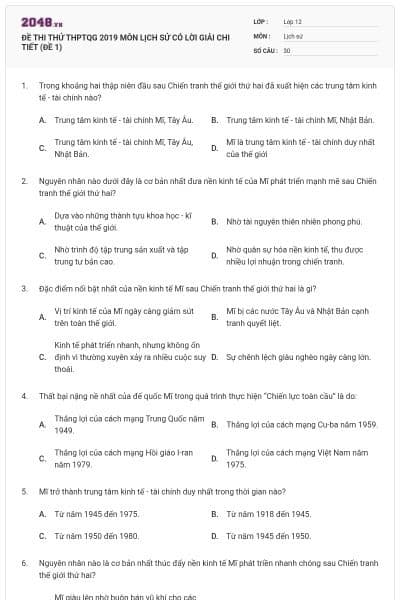 ĐỀ THI THỬ THPTQG 2019 MÔN LỊCH SỬ CÓ LỜI GIẢI CHI TIẾT (ĐỀ 1)