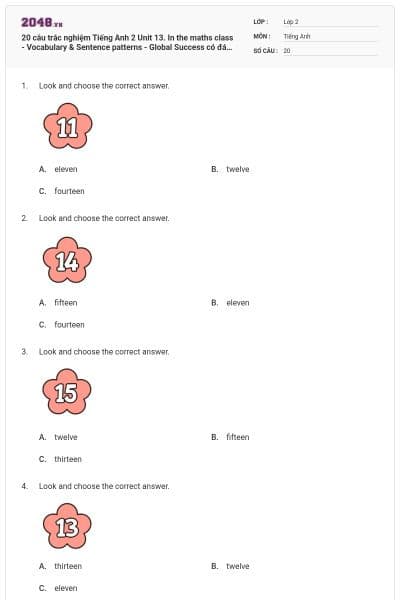 20 câu trắc nghiệm Tiếng Anh 2 Unit 13. In the maths class - Vocabulary & Sentence patterns - Global Success có đáp án