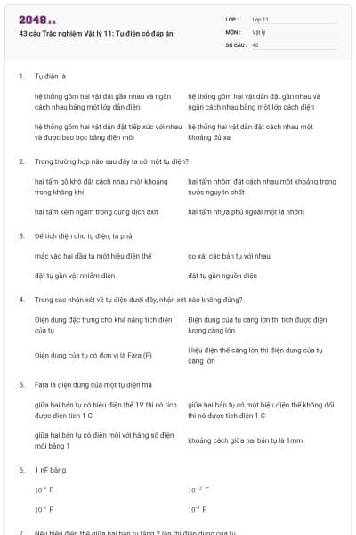 43 câu  Trắc nghiệm Vật lý 11: Tụ điện có đáp án