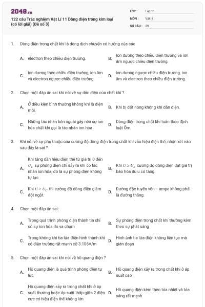 122 câu  Trắc nghiệm Vật Lí 11 Dòng điện trong kim loại (có lời giải) (Đề số 3)