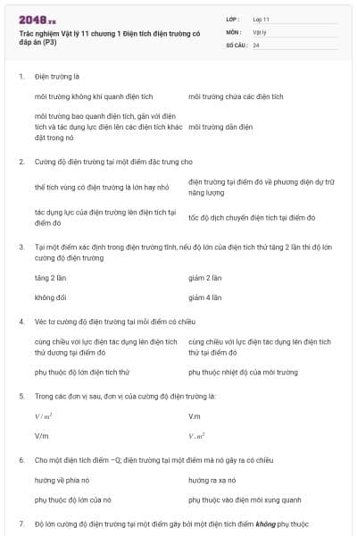 Trắc nghiệm Vật lý 11 chương 1 Điện tích điện trường có đáp án (P3)