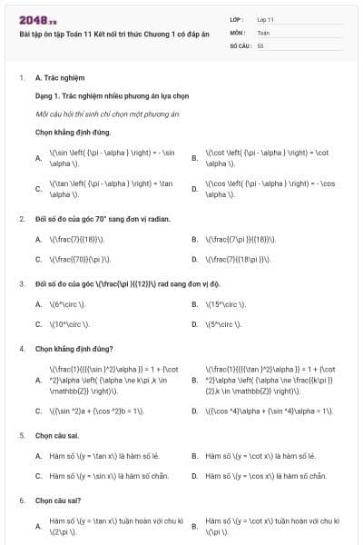 Bài tập ôn tập Toán 11 Kết nối tri thức Chương 1 có đáp án