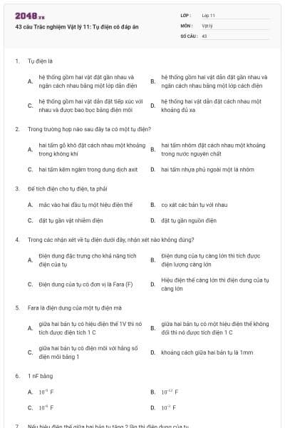 43 câu  Trắc nghiệm Vật lý 11: Tụ điện có đáp án