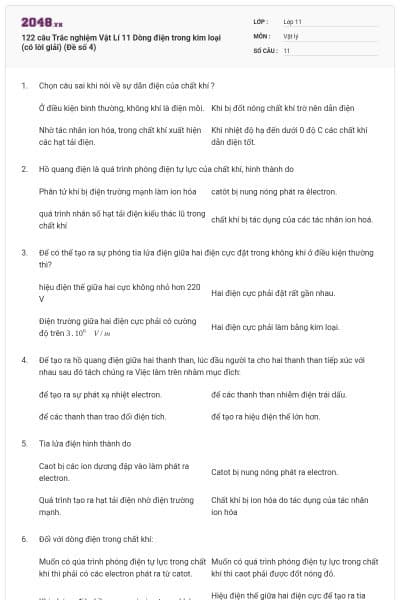 122 câu  Trắc nghiệm Vật Lí 11 Dòng điện trong kim loại (có lời giải) (Đề số 4)