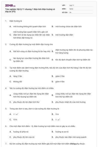 Trắc nghiệm Vật lý 11 chương 1 Điện tích điện trường có đáp án (P3)