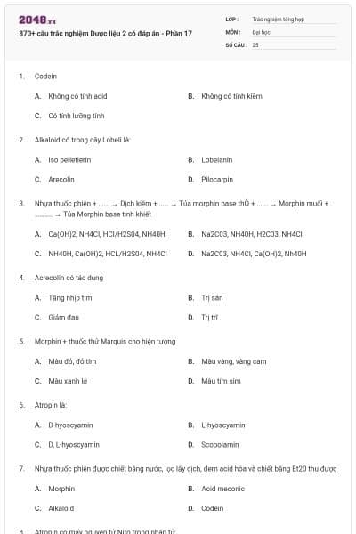870+ câu trắc nghiệm Dược liệu 2 có đáp án - Phần 17