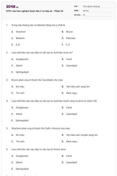 870+ câu trắc nghiệm Dược liệu 2 có đáp án - Phần 20