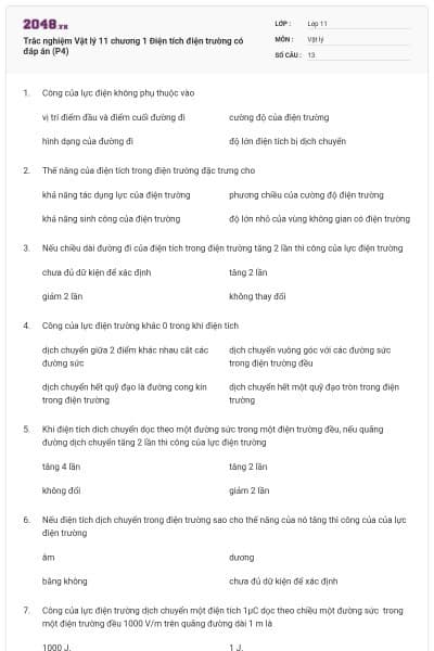 Trắc nghiệm Vật lý 11 chương 1 Điện tích điện trường có đáp án (P4)