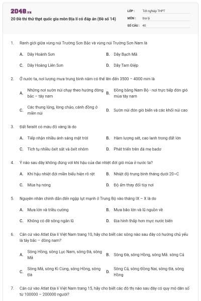 20 Đề thi thử thpt quốc gia môn Địa lí có đáp án (Đề số 14)