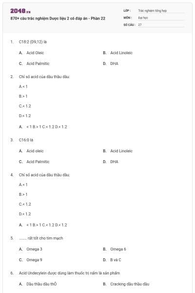870+ câu trắc nghiệm Dược liệu 2 có đáp án - Phần 22