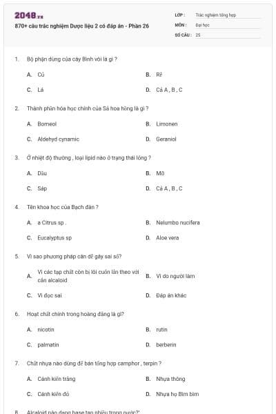 870+ câu trắc nghiệm Dược liệu 2 có đáp án - Phần 26