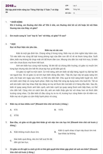 Bài tập phát triển năng lực Tiếng Việt lớp 3 Tuần 7 có đáp án