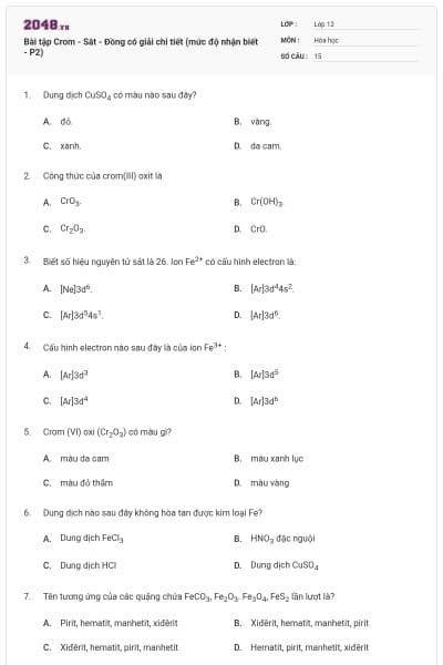 Bài tập Crom - Sắt - Đồng có giải chi tiết (mức độ nhận biết - P2)