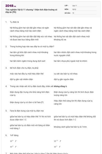 Trắc nghiệm Vật lý 11 chương 1 Điện tích điện trường có đáp án (P6)