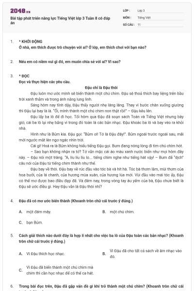Bài tập phát triển năng lực Tiếng Việt lớp 3 Tuần 8 có đáp án